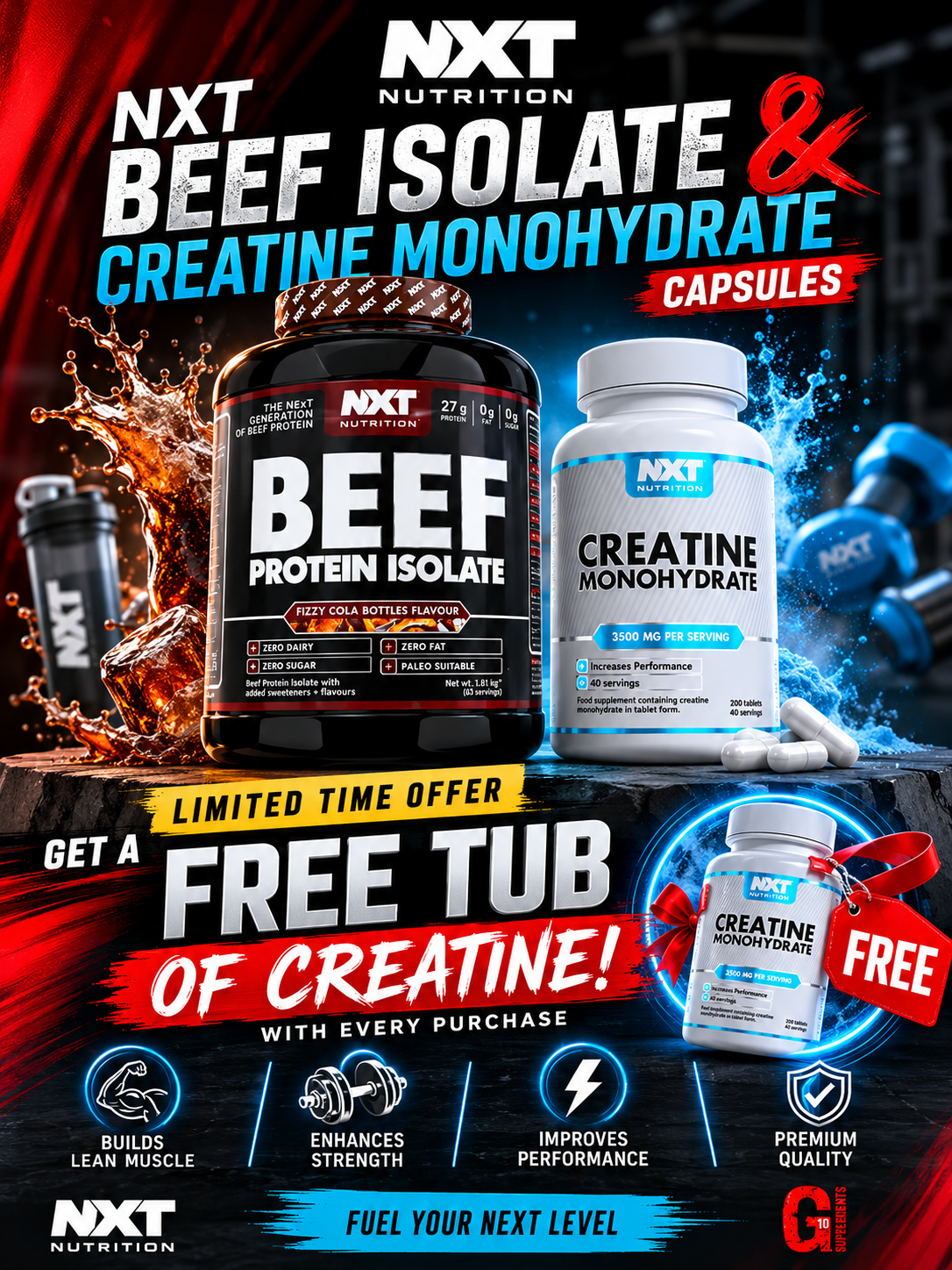 NXT Nutrition Beef Protein Isolate 1.8kg PLUS FREE Creatine Caps